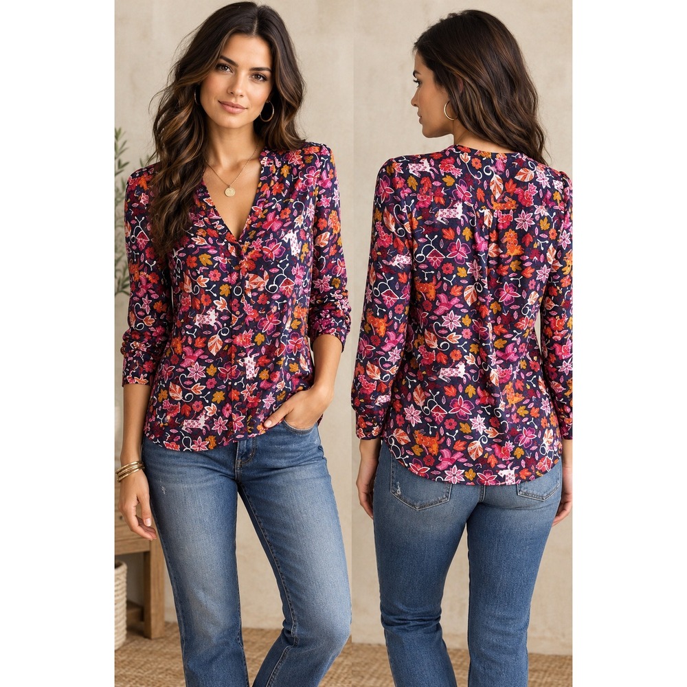 Anthropologie Maeve Moonflower Blouse Women 4 Navy Blue Animal Floral Print Boho